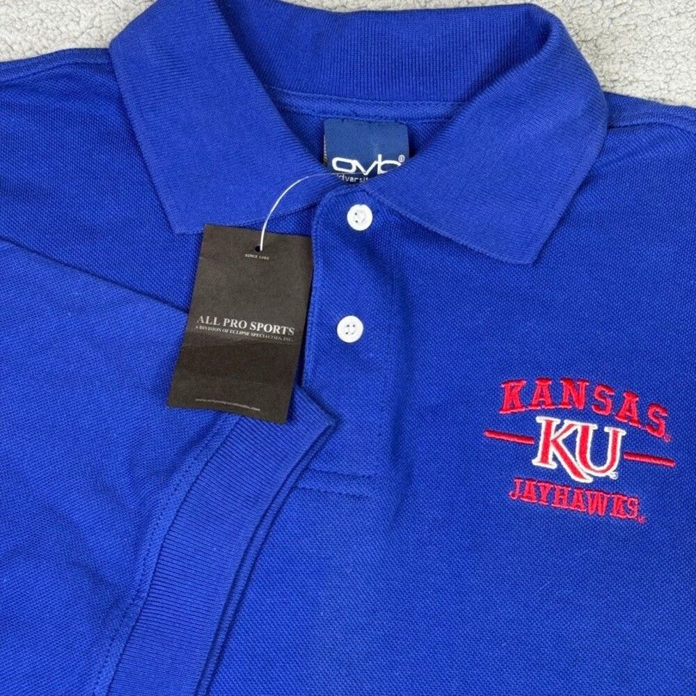 VTG Kansas Jayhawks Polo Shirt Mens Large Blue Pique Knit KU College Logo NCAA